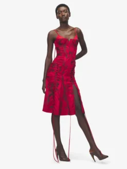 Abito a corsetto in jacquard floreale da Donna in Rosso/Nero