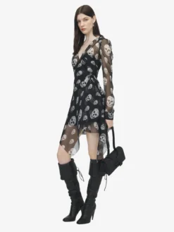 Abito a portafoglio in seta con stampa Skull da Donna in Nero/Bianco