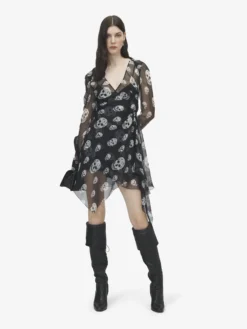 Abito a portafoglio in seta con stampa Skull da Donna in Nero/Bianco