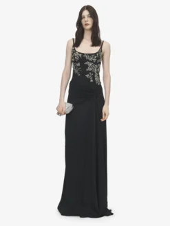 Abito da sera con ricamo floreale da Donna in Nero