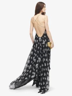 Abito da sera in seta con stampa Skull da Donna in Nero/Bianco