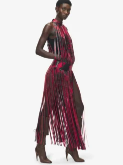 Abito floreale in pelle con frange da Donna in Nero/Rosso