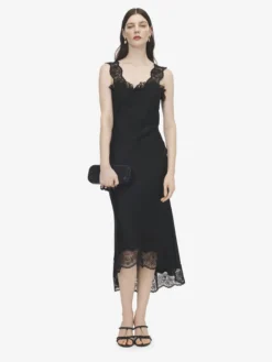 Abito midi con inserti in pizzo da Donna in Nero