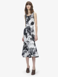 Abito midi floreale in jacquard da Donna in Avorio/Nero