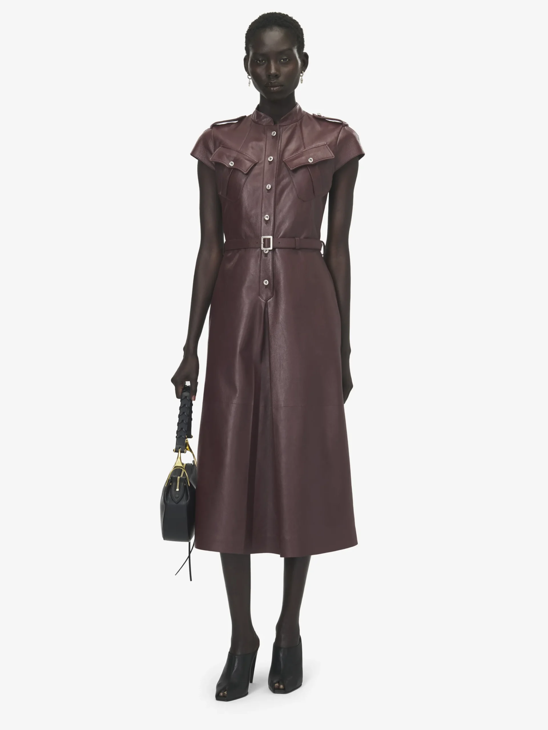 Abito midi in pelle stile uniforme da Donna in Bordeaux