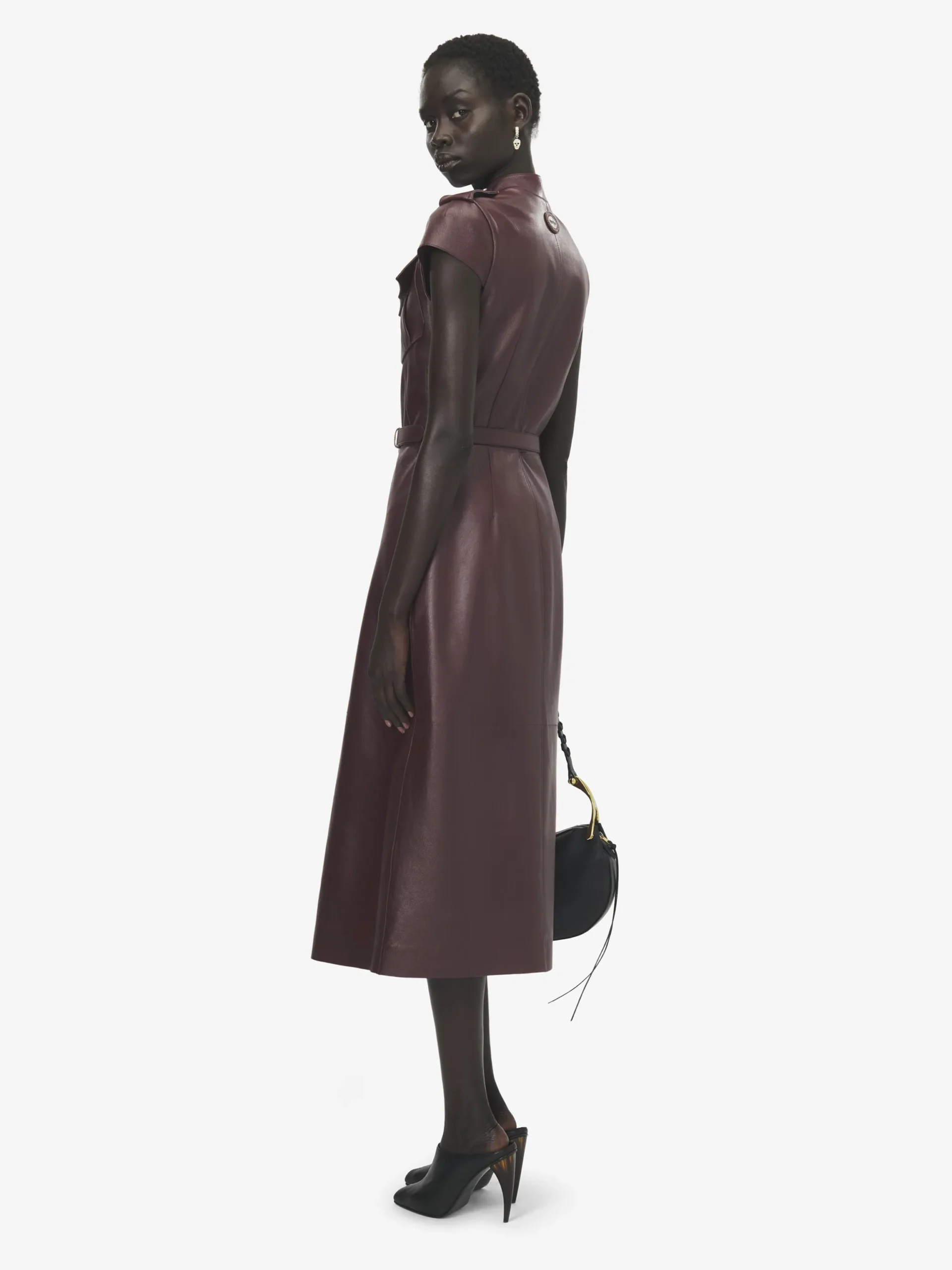 Abito midi in pelle stile uniforme da Donna in Bordeaux