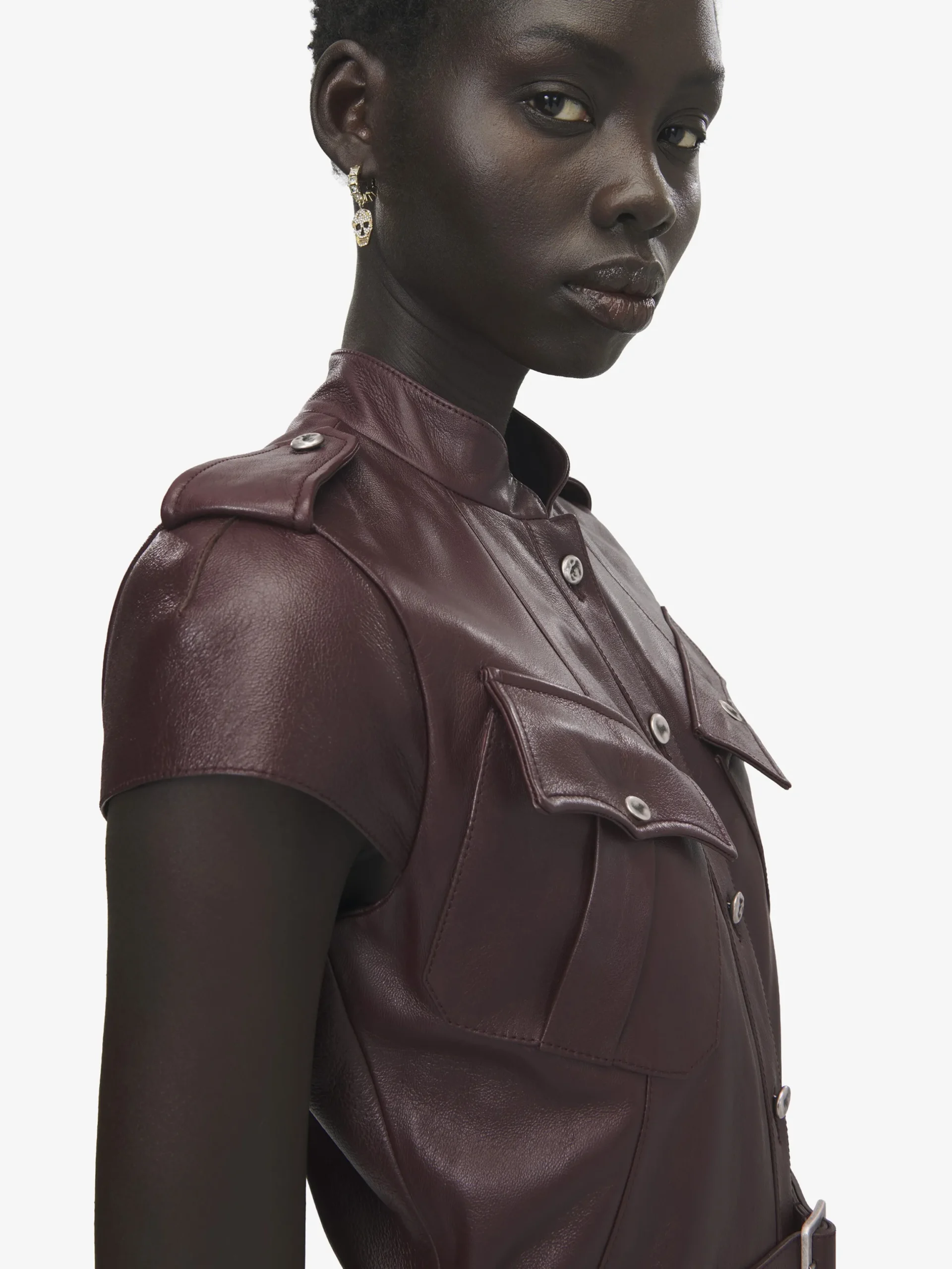 Abito midi in pelle stile uniforme da Donna in Bordeaux