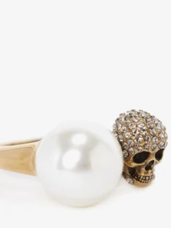 Anello Skull Effetto Perla da Donna in Finitura oro anticato