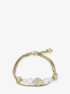 Bracciale a catena Skull con perla da Donna in Finitura oro pallido
