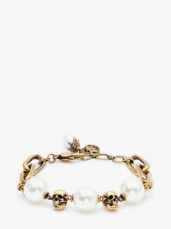Bracciale con Catena Skull e Perle da Donna in Finitura oro anticato