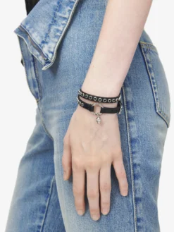 Bracciale Skull a doppio giro con anello da Donna in Nero