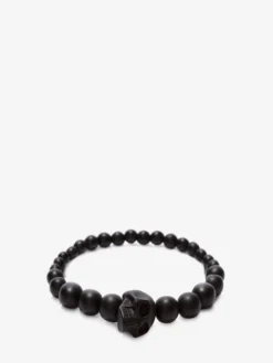 Bracciale Skull con Perle da Uomo in Nero