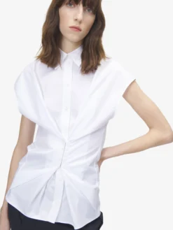 Camicia a maniche corte arricciata da Donna in Bianco Ottico