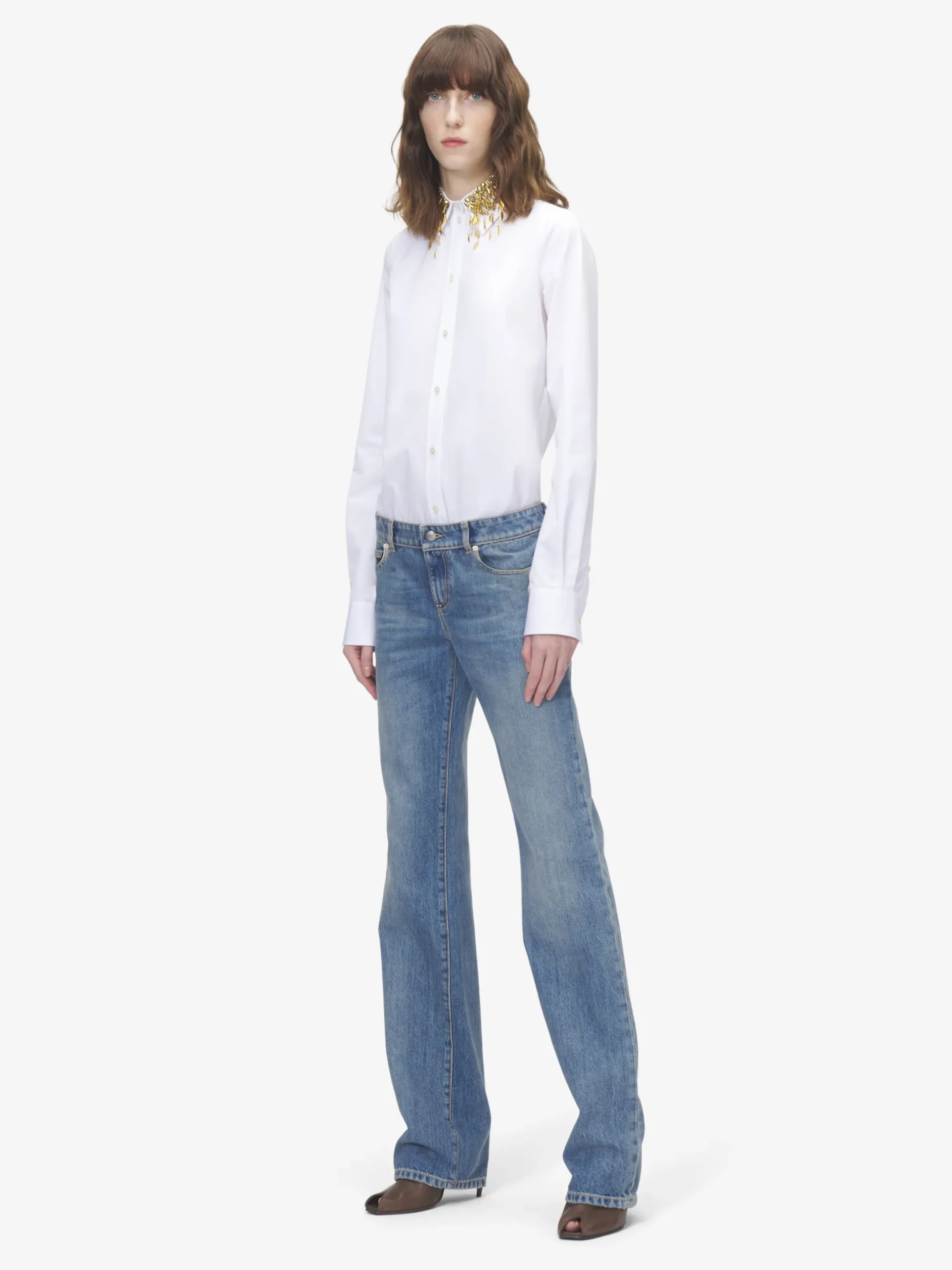 Camicia con ricami in cristalli e foglie dorate da Donna in Bianco Ottico