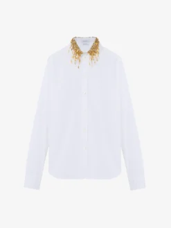 Camicia con ricami in cristalli e foglie dorate da Donna in Bianco Ottico