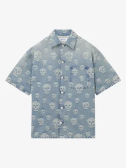 Camicia in denim con motivo jacquard Skull da Uomo in Washed Blue