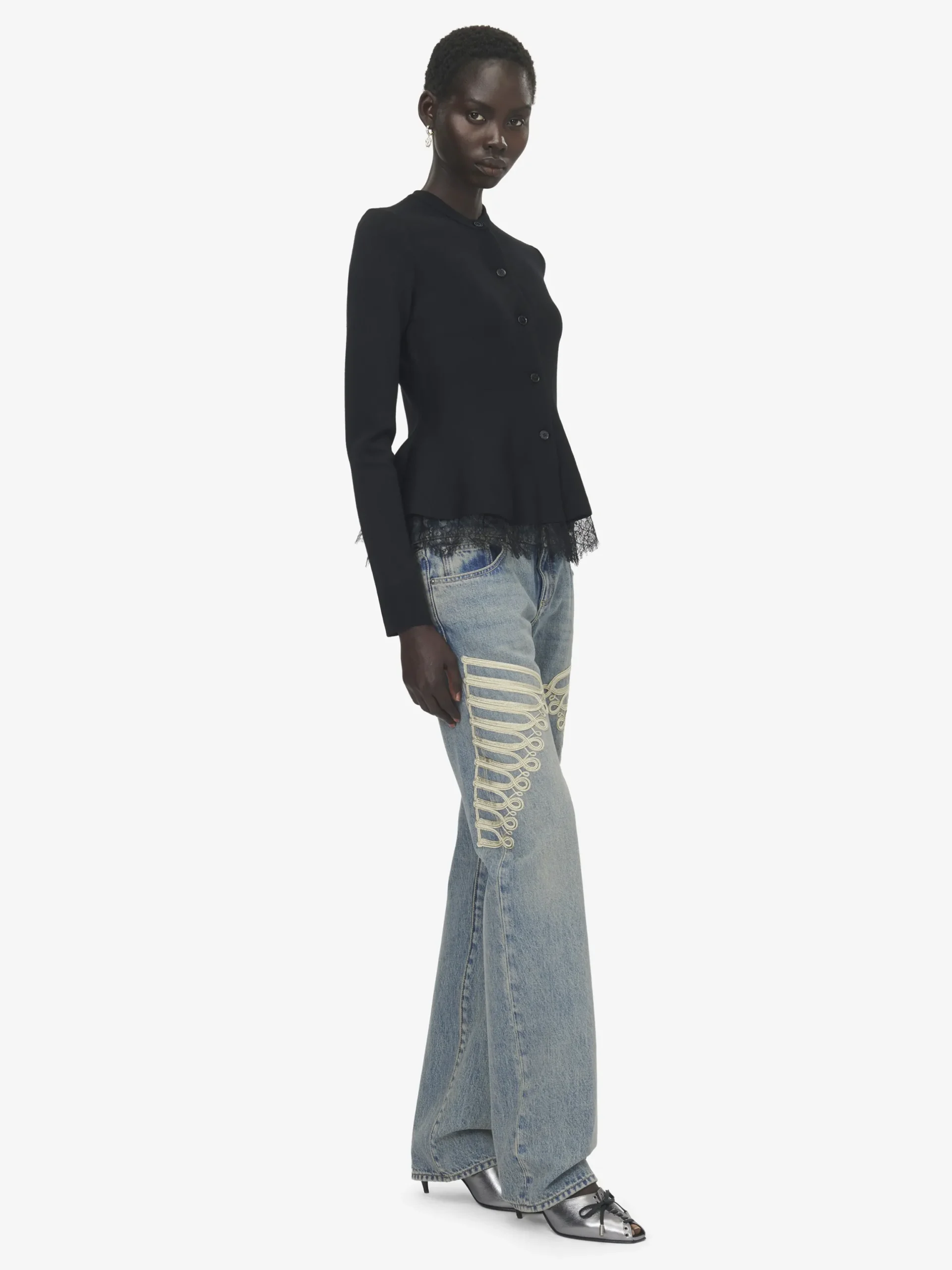 Cardigan con volant e inserti in pizzo da Donna in Nero