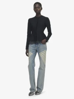 Cardigan con volant e inserti in pizzo da Donna in Nero
