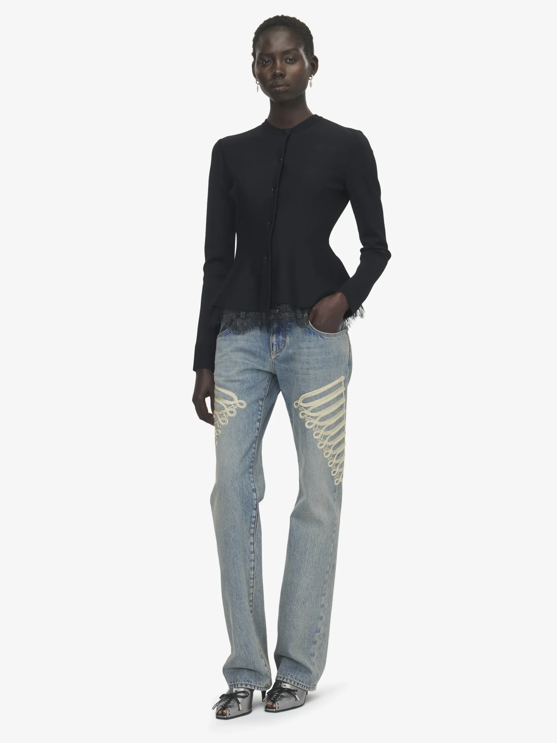 Cardigan con volant e inserti in pizzo da Donna in Nero