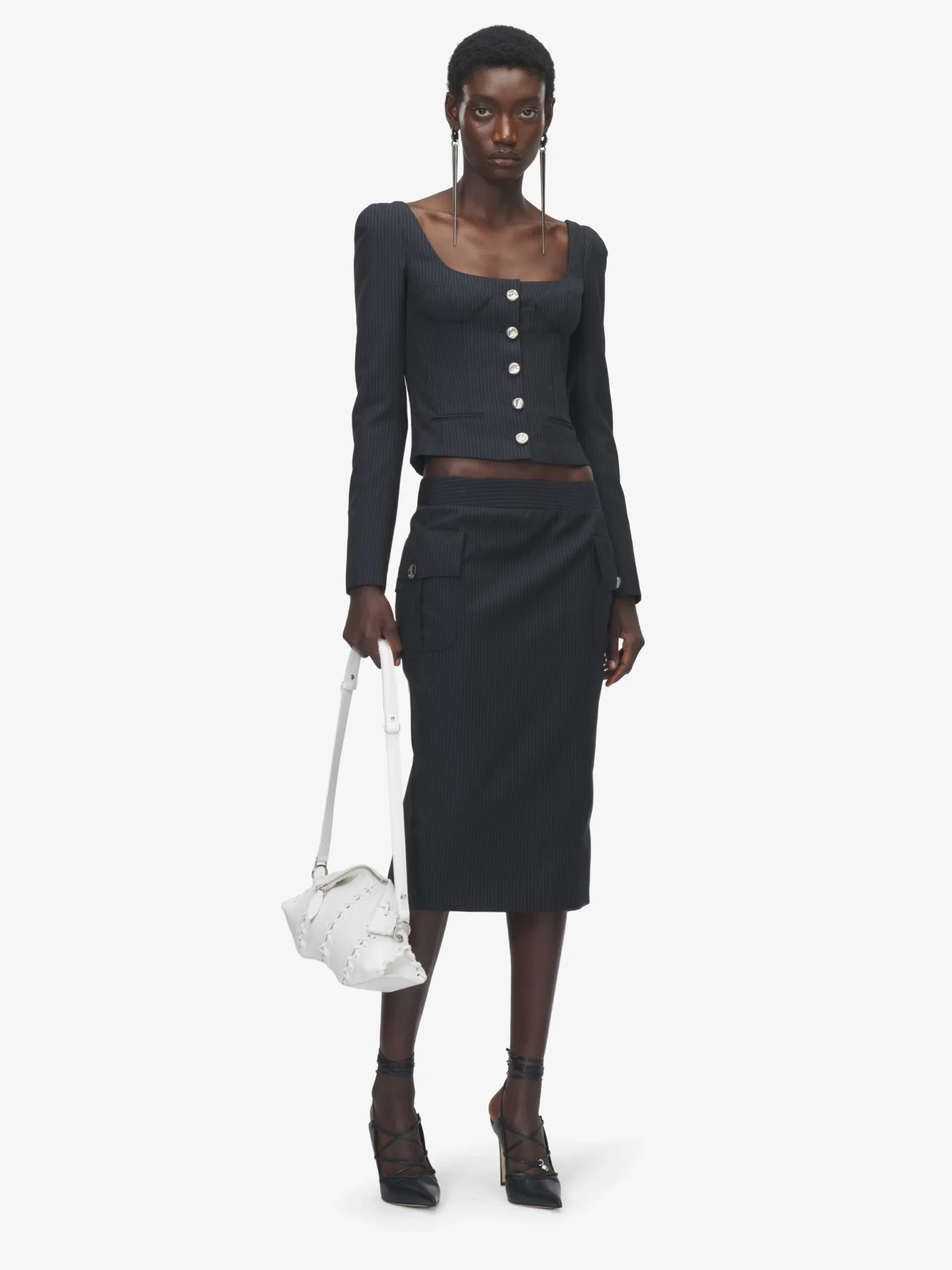 Giacca aderente gessata da Donna in Blu Navy