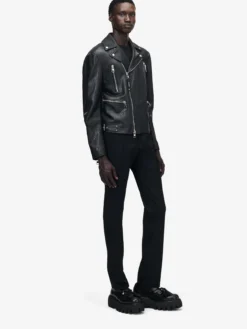 Giacca Biker in Pelle da Uomo in Nero