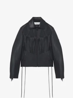 Giacca in pelle con frange da Uomo in Nero