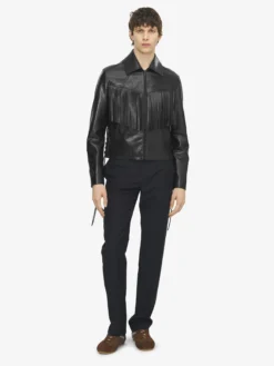 Giacca in pelle con frange da Uomo in Nero