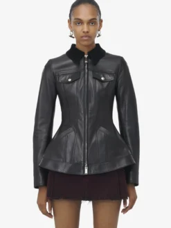Giacca in pelle con peplo da Donna in Nero