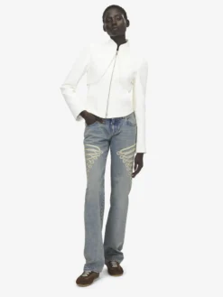 Giacca in pelle con ricami floreali da Donna in Bianco
