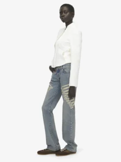 Giacca in pelle con ricami floreali da Donna in Bianco