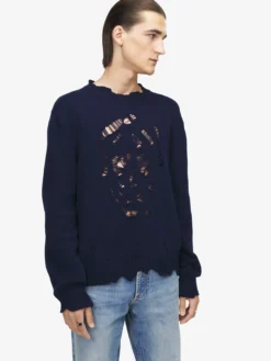 Maglione Skull effetto consumato da Uomo in Blu Navy
