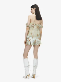 Micro shorts con ricamo Sangallo e motivo floreale da Donna in Pietra/Arancione chiaro