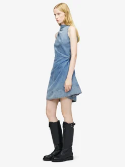 Miniabito asimmetrico in denim da Donna in Washed Blue