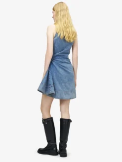 Miniabito asimmetrico in denim da Donna in Washed Blue