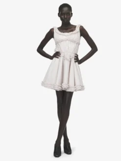 Miniabito con motivo gessato e volant plissettati da Donna in Avorio/Rosa