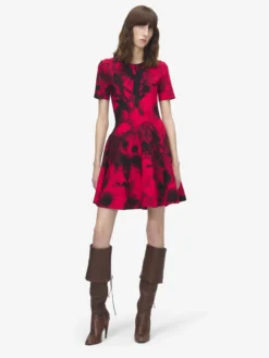 Miniabito floreale in jacquard da Donna in Rosso/Nero