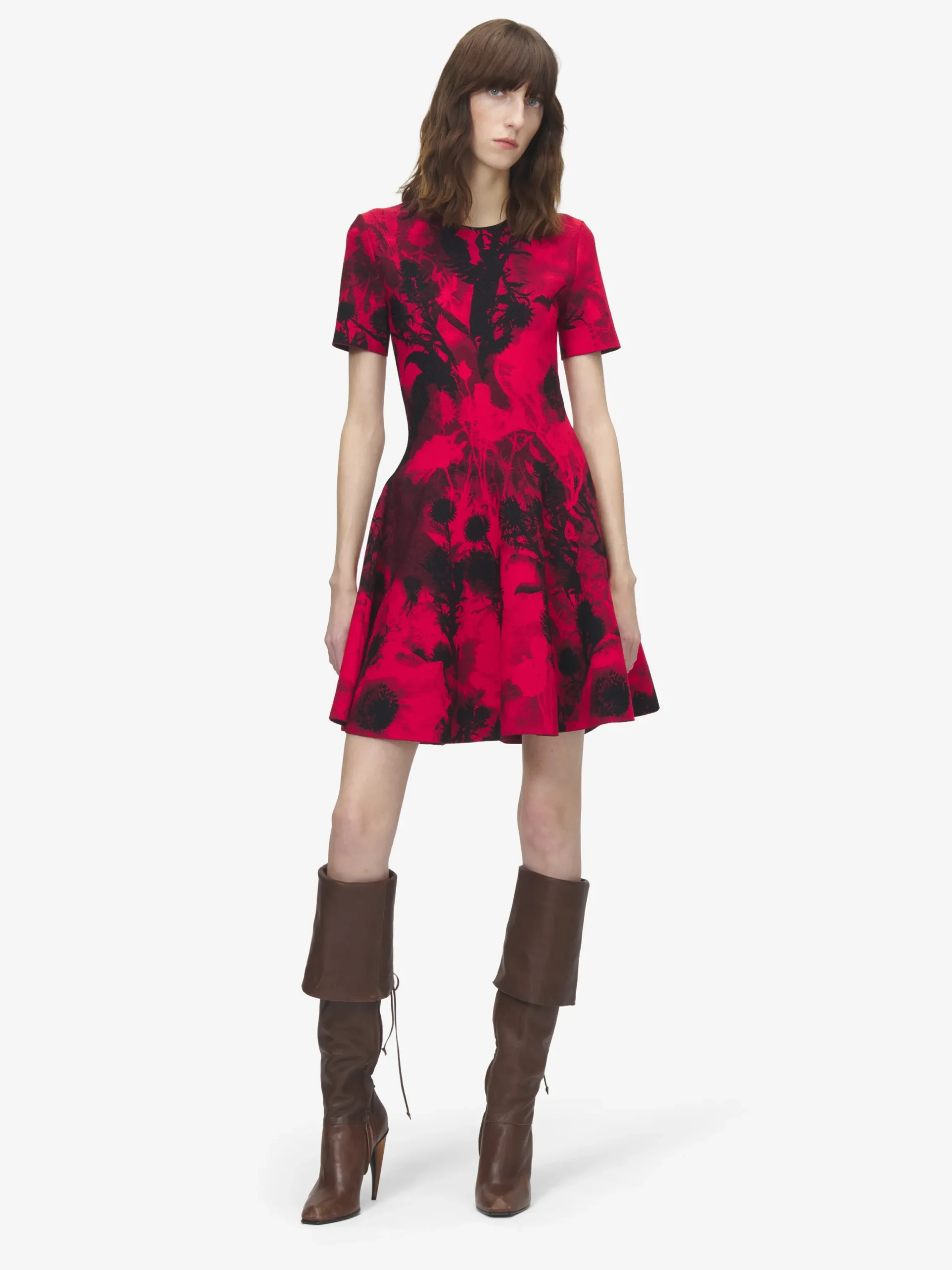 Miniabito floreale in jacquard da Donna in Rosso/Nero