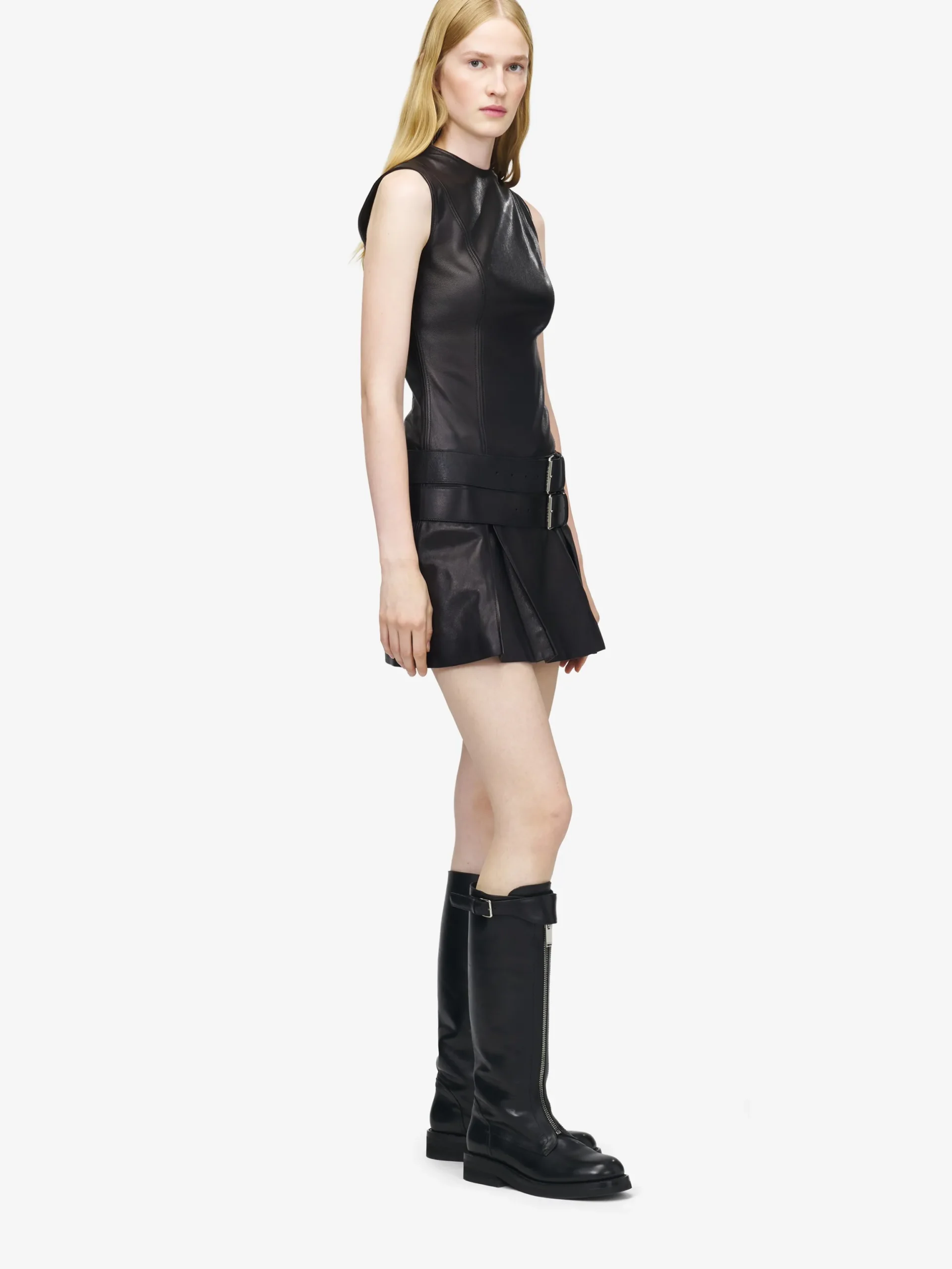 Miniabito in pelle con doppia cintura da Donna in Nero