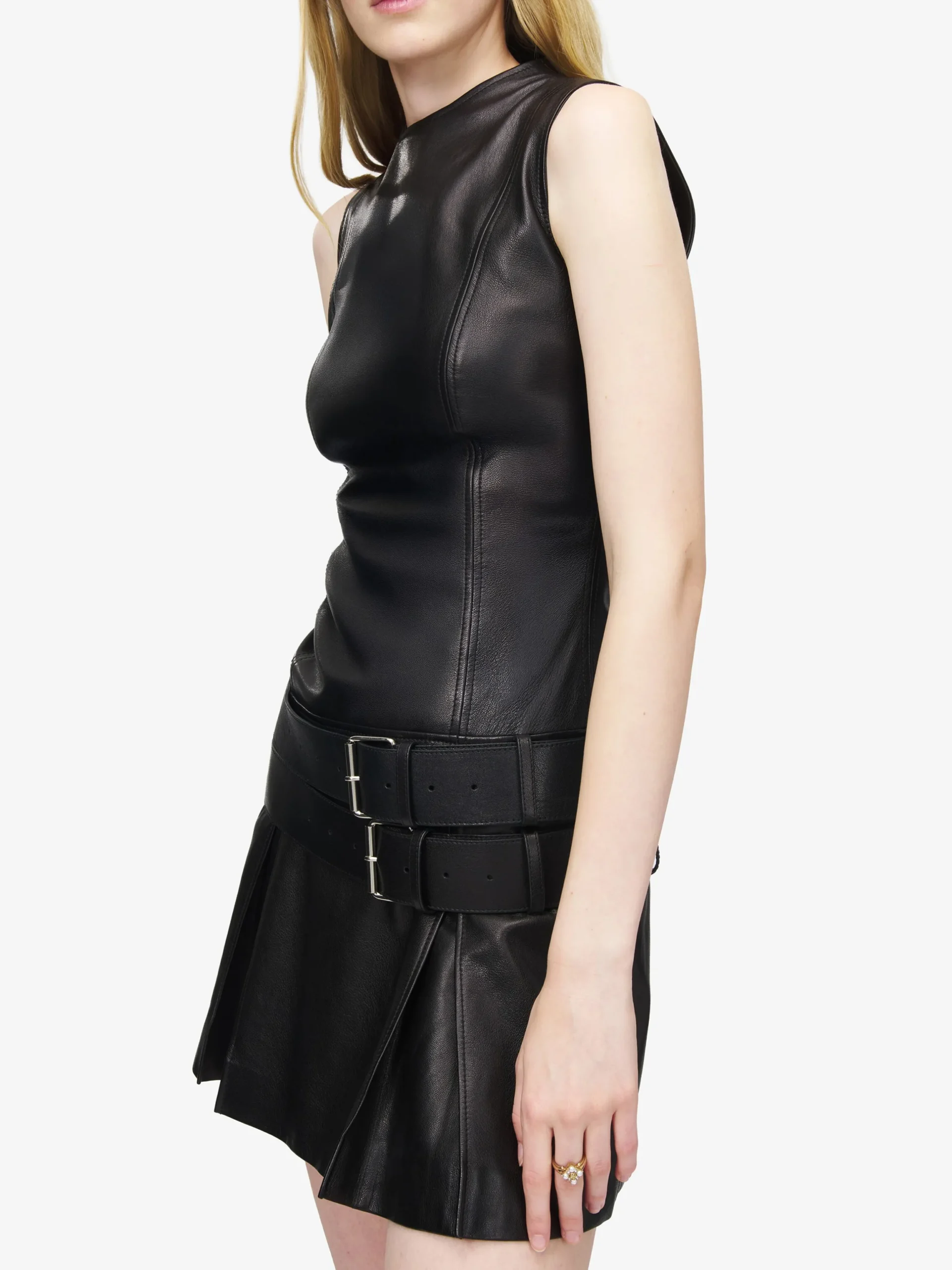 Miniabito in pelle con doppia cintura da Donna in Nero