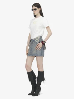 Minigonna con ricamo in metallo e risvolto in vita da Donna in Washed Blue