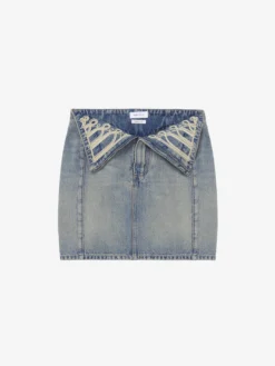 Minigonna con ricamo in metallo e risvolto in vita da Donna in Washed Blue