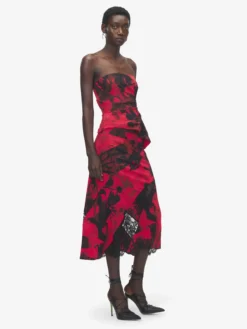 Top senza spalline floreale da Donna in Rosso/Nero