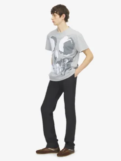 T-shirt con applicazione Skull da Uomo in Grigio Chiaro
